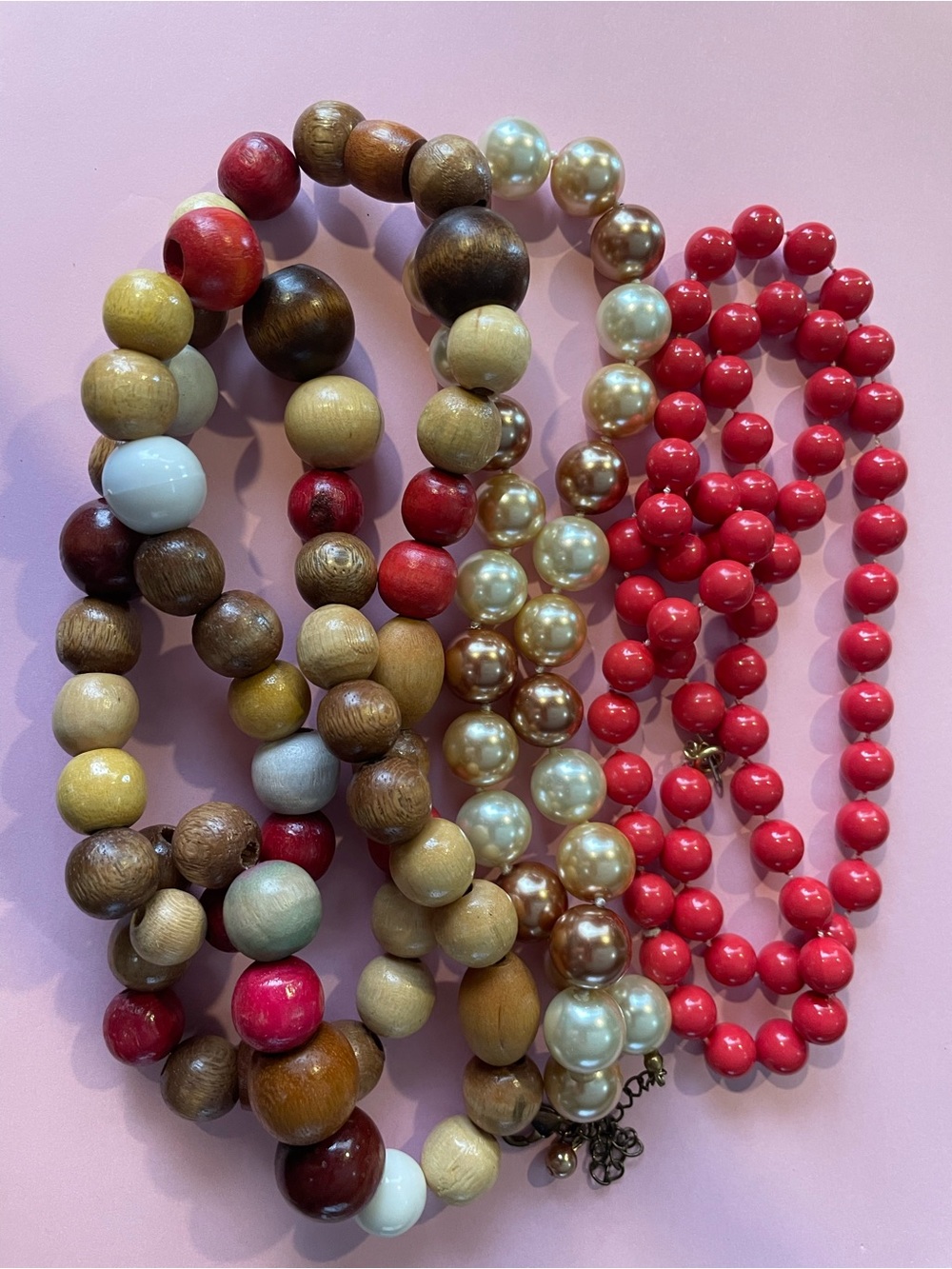 Trio of Wearable Wood & Plastic Costume Bead Necklaces Bundle Lot #7959 👑